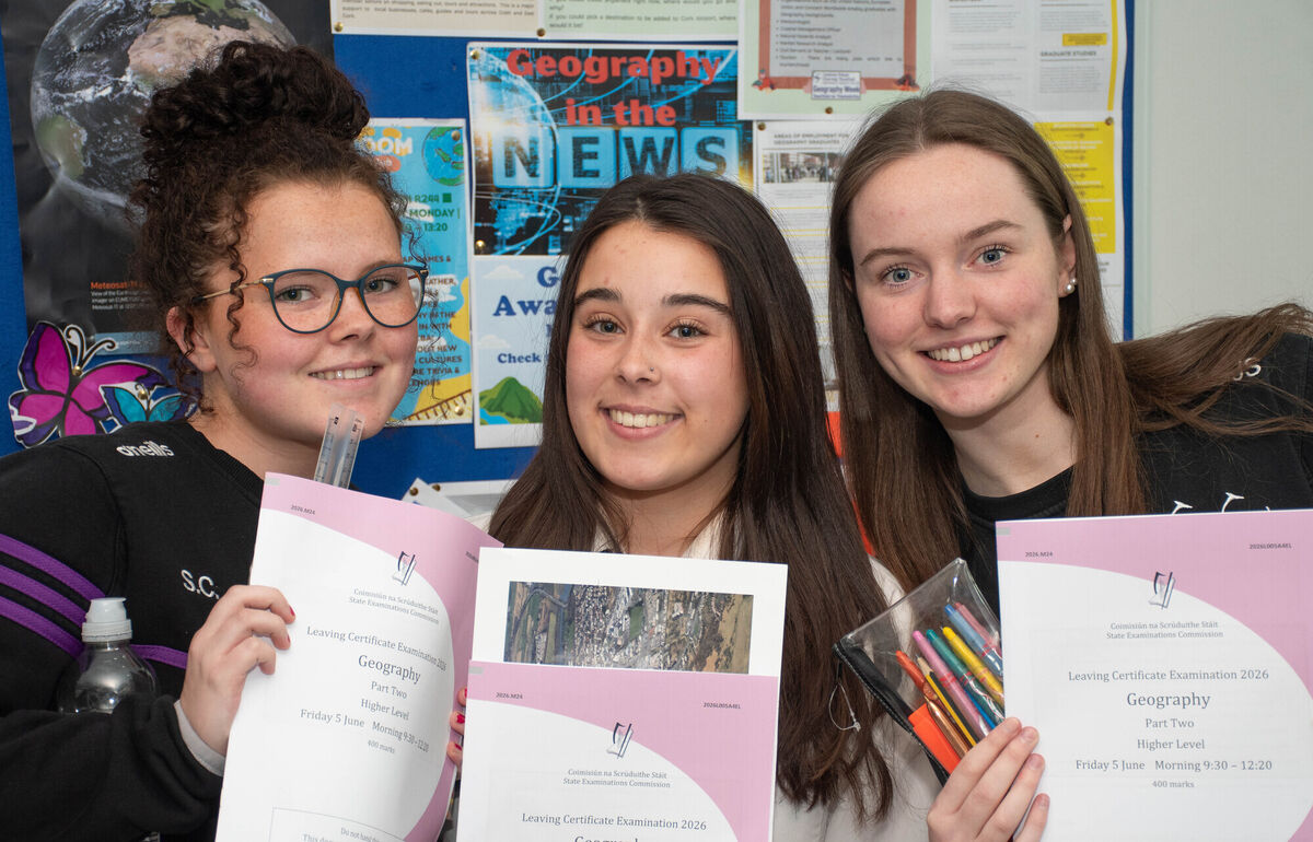 Sophie Comerford, Elia Deriu, and Emma Jane O'Sullivan who sat their Leaving Certificate Higher Level Geography exam in Carrigtwohill Community College. Picture: Howard Crowdy