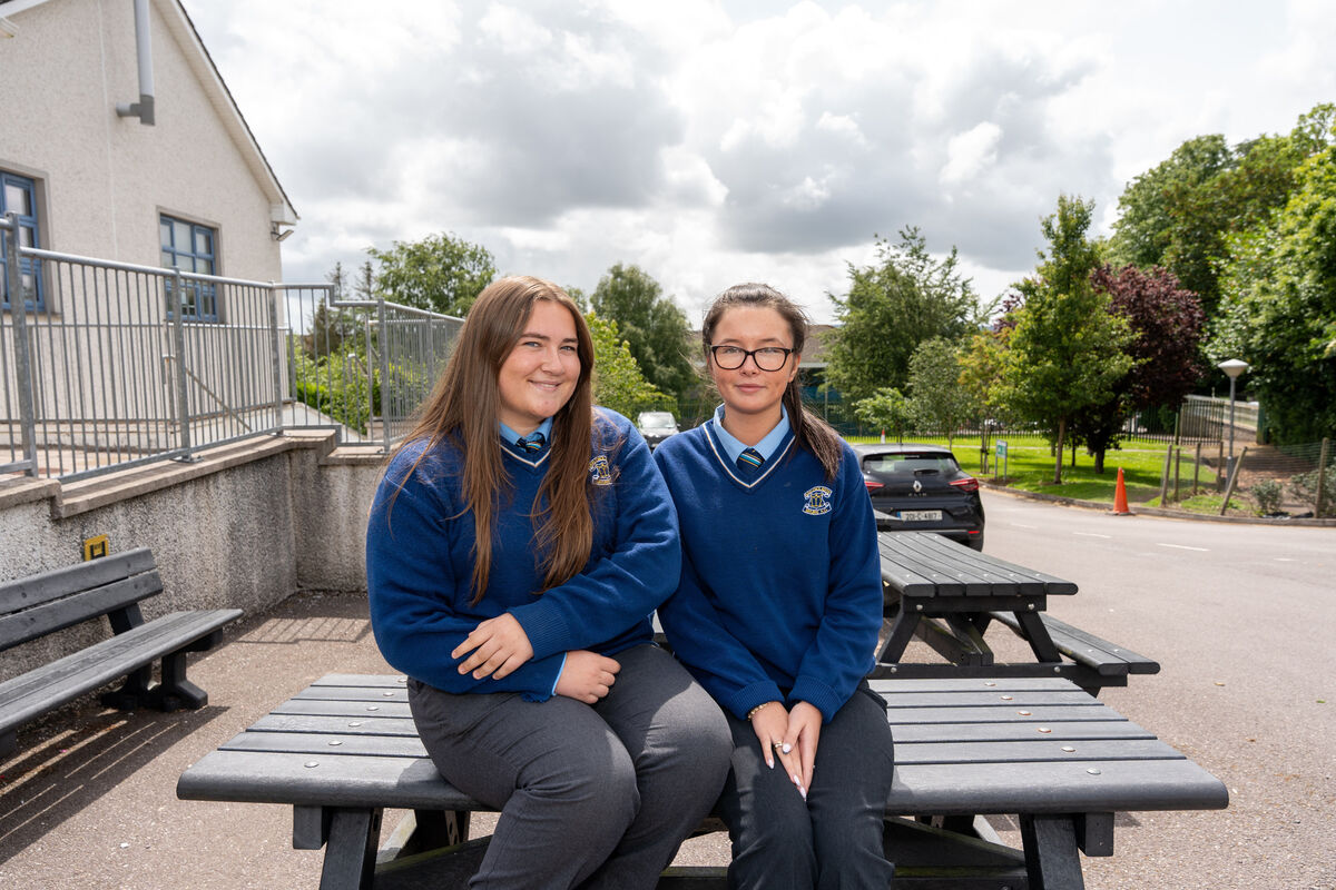 Leaving Certificate students Faye Ní Coitir and Anna-Lee Ni Rinn-Ní Shúilleabhán sat Geography Paper 1 today at Gaelcholáiste Mhuire AG. Picture: Noel Sweeney