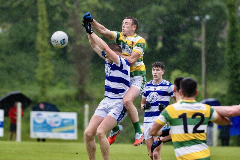  Carbery Rangers' John O'Brien battles for possession in the air against Castlehaven. Picture: Chani Anderson