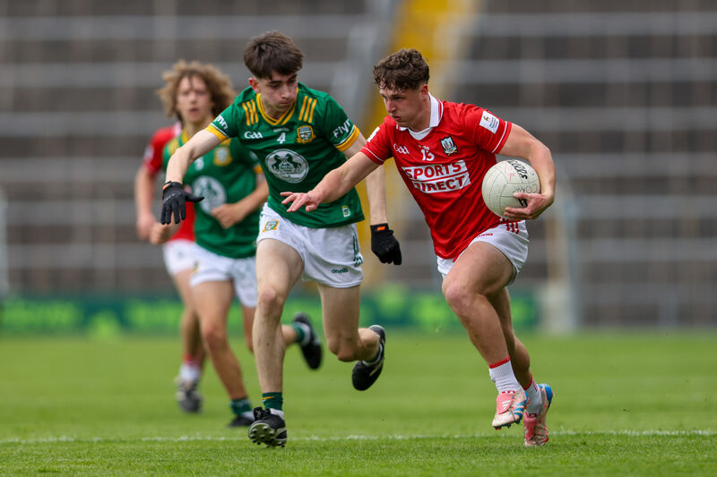 Cork's Tom Whooley shoots for goal despite pressure from Meath's John Killoran. Picture: Diarmuid Brennan/Sportsfocus