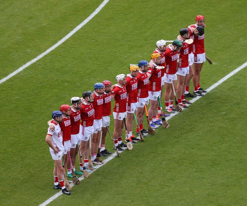 The Cork team stand for the national anthem. Picture: Inpho/Tom O’Hanlon