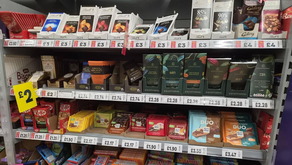 Various chocolate prices at an Asda supermarket in England in June, 2026