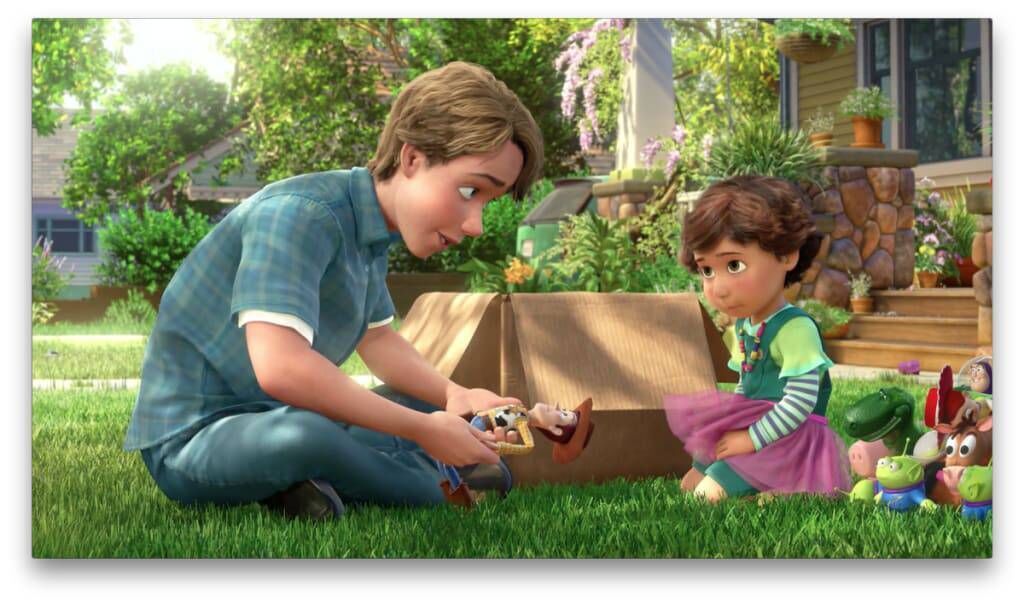 The evocative scene at the end of Toy Story 3 when Andy gives neighbour Bonnie his old toys, fuelling the imagination of the next generation