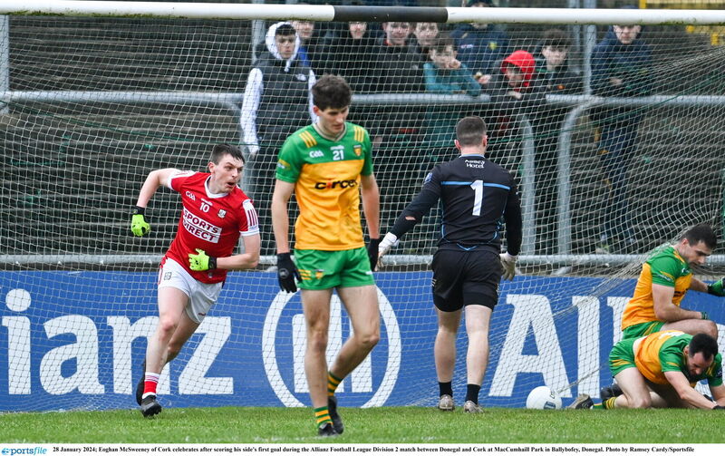 Eoghan McSweeney of Cork celebrates after scoring his side's first goal against Donegal. Picture: Ramsey Cardy/Sportsfile