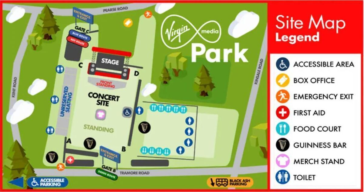 The layout of Musgrave Park (Virgin Media Park) in Cork for the 2026 summer concerts. 