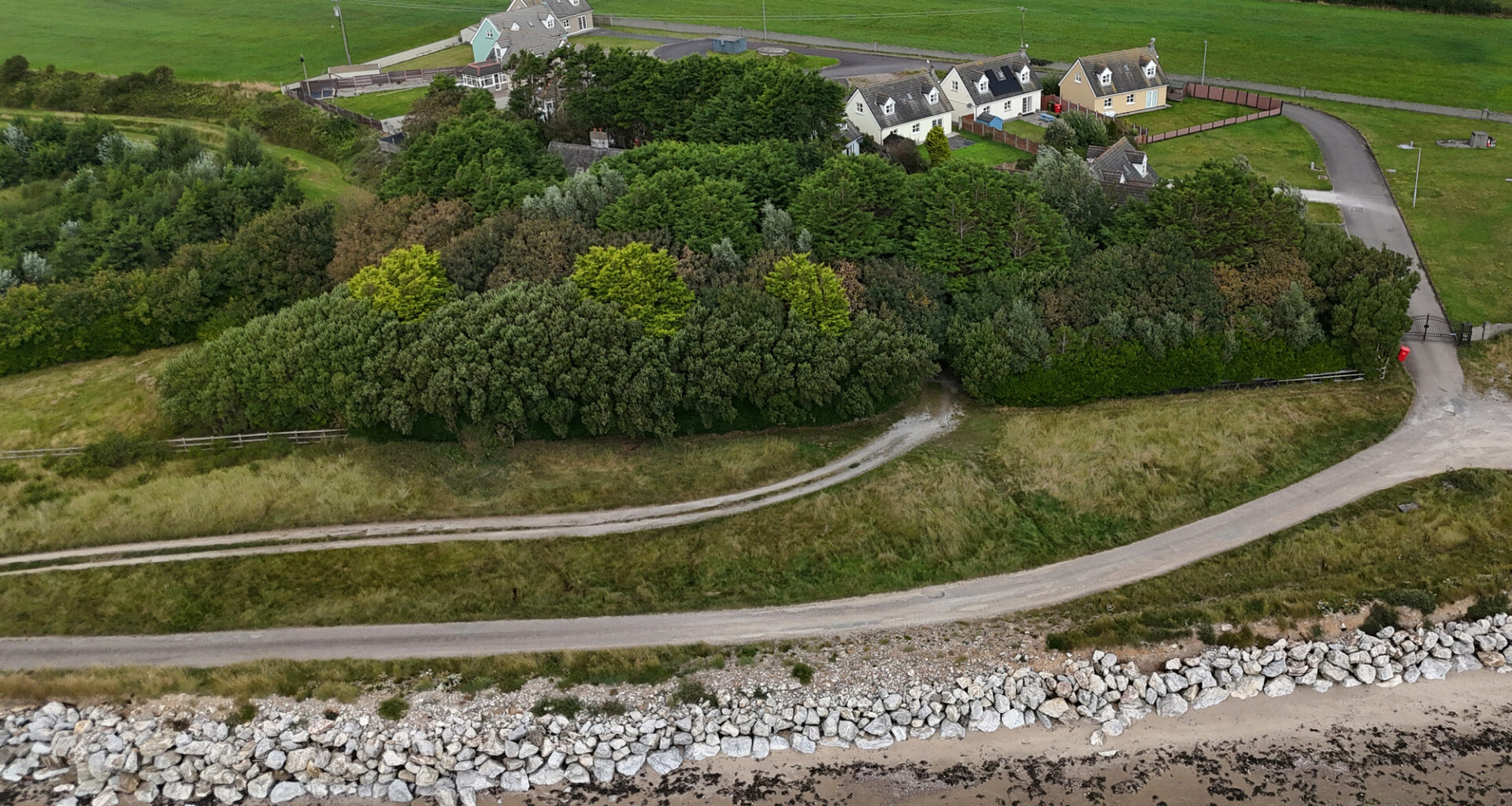 Some of the 12 coastal Pilmore Cottages near Youghal in Co Cork where coastal erosion has removed sections of the beach and dunes leaving the access road open to high winter waves and flooding. Picture: Larry Cummins