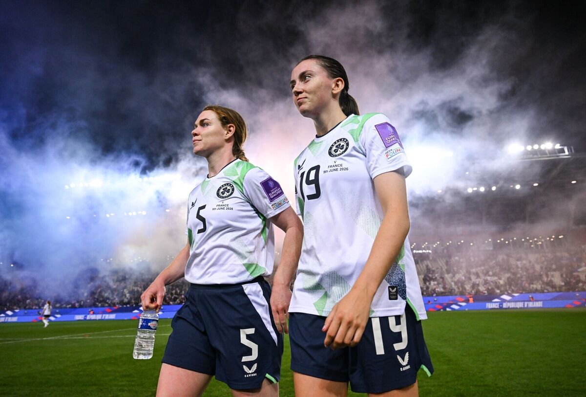 Aoife Mannion and Abbie Larkin of the Republic of Ireland. Pic: Stephen McCarthy/Sportsfile