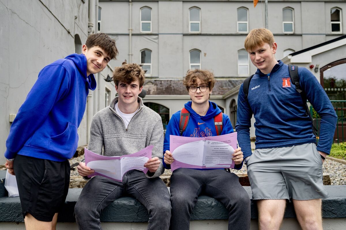 (Left to right) Daniel Garcia, Tony Geraghty, Eoin Kehoe and Darragh Breen pictured outside Rochestown College following their Leaving Certificate History exam on Tuesday. Picture: Chani Anderson