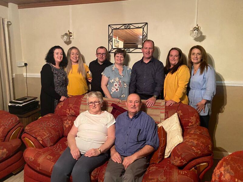 Dominic meeting with his biological parents for the first time, Anne and John Feery (front seated), and his five sisters and one brother from Tyrrellspass, Co. Westmeath. Dominic is standing third from right. 
