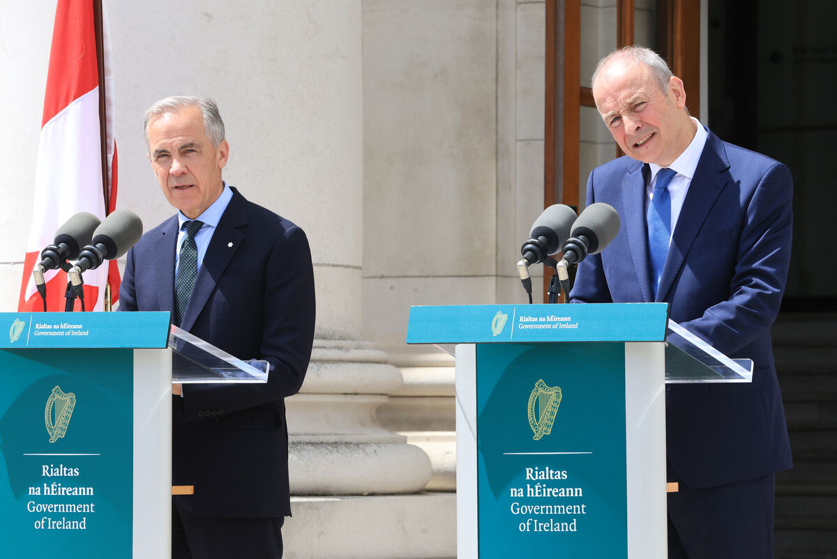 Taoiseach and Fianna Fail leader Micheal Martin with the Prime Minister of Canada, Mark Carney speaking at a press conference as he visits Government Buildings on the first day of his visit to Ireland. Photo: Sasko Lazarov/© RollingNews.ie