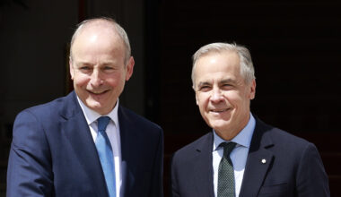 Taoiseach Micheal Martin TD (left) greets Canadian Prime Minister Mark Carney as he arrives for a visit to Government Buildings in Dublin, as part of his visit to Ireland. Picture date: Saturday June 13, 2026.