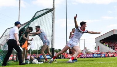 Conall McCaul of Louth celebrates after his side's winning goal against Armagh in Round 2A of the All-Ireland SFC. Pic: Ben McShane/Sportsfile