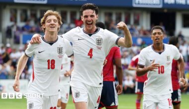 England's Jude Bellingham takes a drink during the pre-World Cup friendly against Costa Rica in Orlando.
