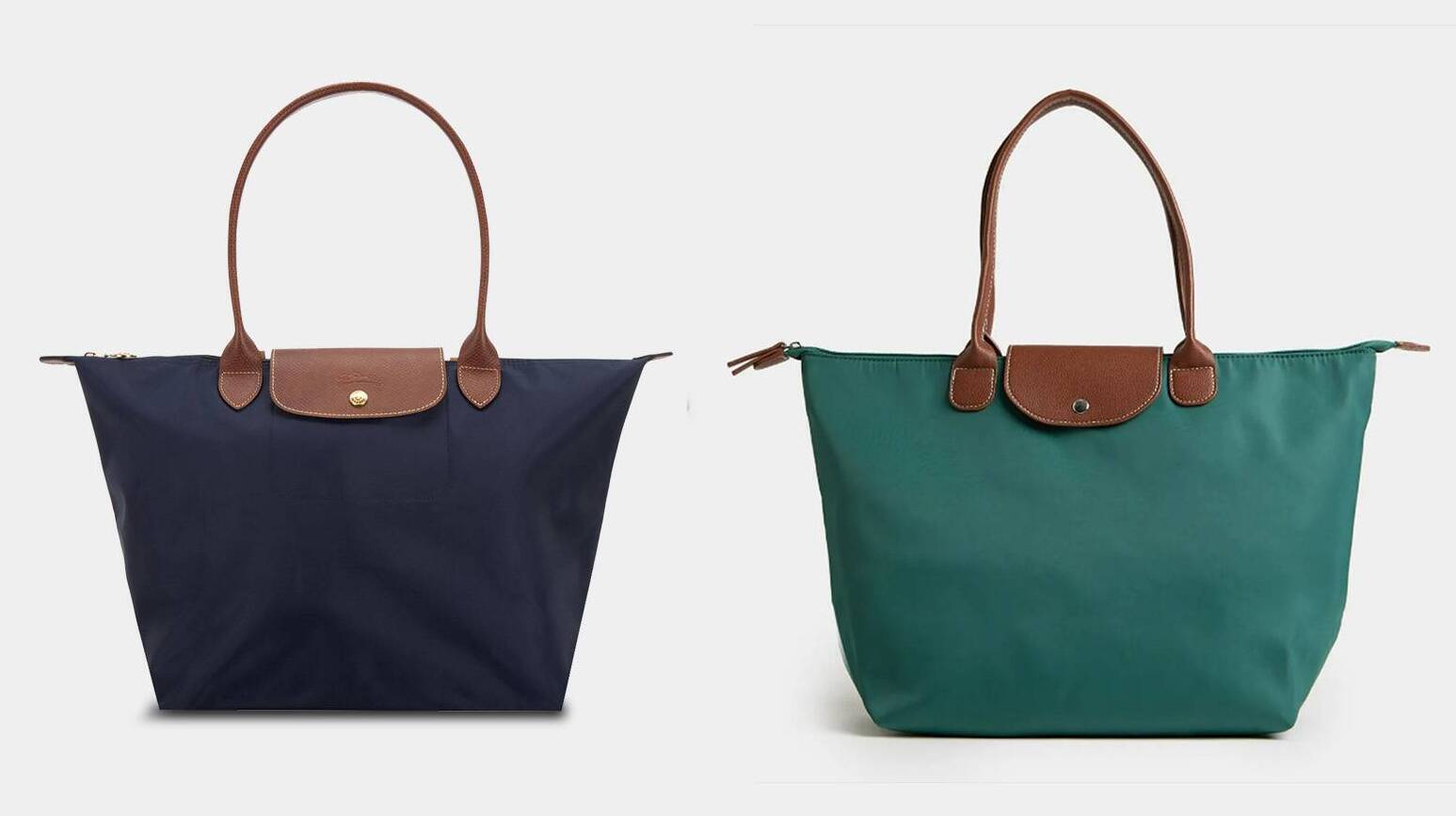 A composite photo of bags marketed by Longchamp, left, and Dunnes Stores, right. The French firms claim the Irish retailer has been selling a 'major designer dupe' and 'a dead ringer' for the Longchamp Le Pliage bag. File picture