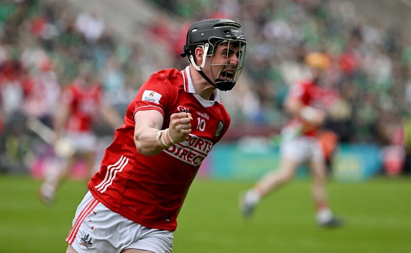 Darragh Fitzgibbon celebrates a late point during Cork's Munster SHC win over Limerick in April. Picture: Ray McManus/Sportsfile