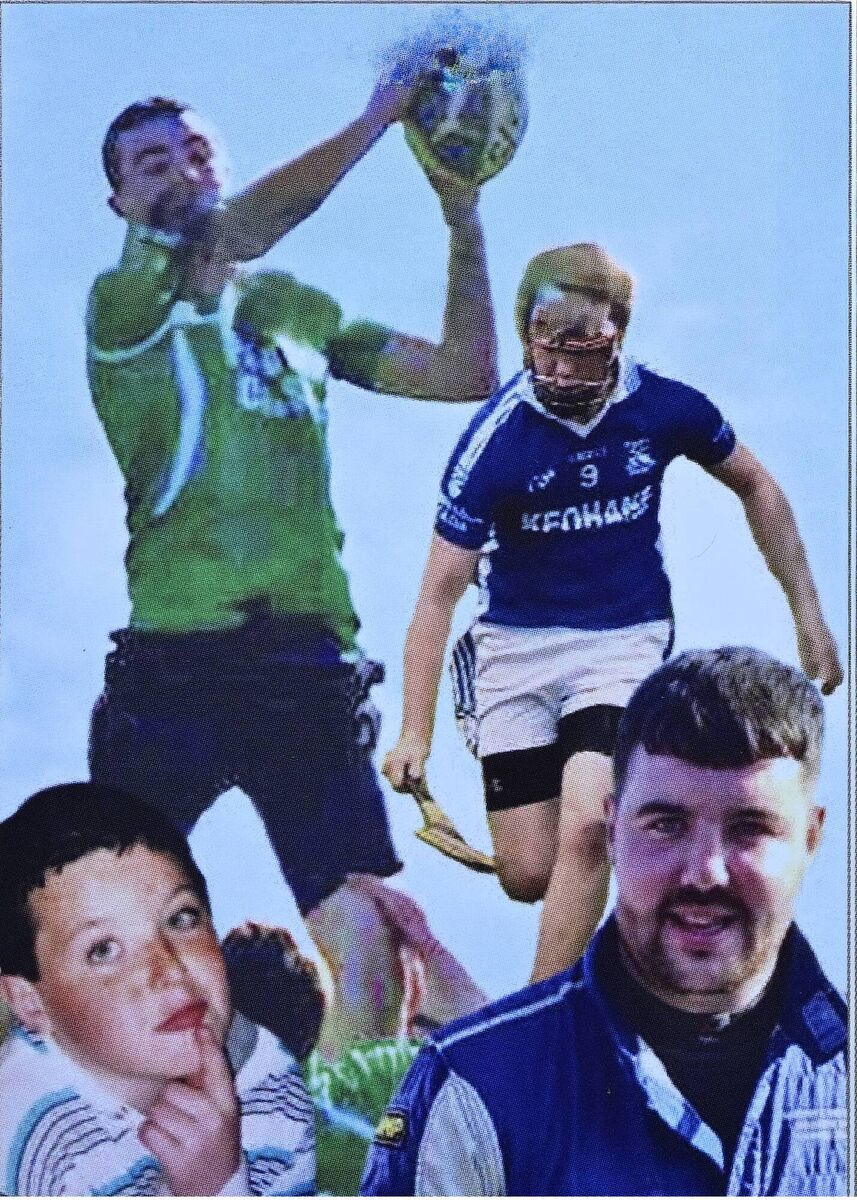 A montage of images of Eoin McCarthy, playing rugby and hurling.