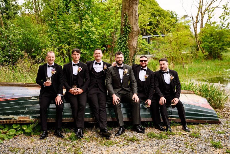 Eoin English with his best man and groomsmen, Cian Sheehan, Liam and Tomás English, Chad Conroy, and John Pa Corbett. Pictures: Aspect Photography 