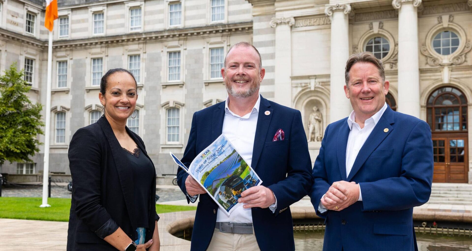 At the launch of Solar Ireland's Scale of Solar Report 2026 at Government Buildings were Solar Ireland director of communications and strategy Priscila McGeehan; Solar Ireland CEO Ronan Power, and climate, energy, and environment minister Darragh O'Brien. Picture: Shane O'Neill/Coalesce