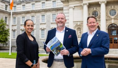 At the launch of Solar Ireland's Scale of Solar Report 2026 at Government Buildings were Solar Ireland director of communications and strategy Priscila McGeehan; Solar Ireland CEO Ronan Power, and climate, energy, and environment minister Darragh O'Brien. Picture: Shane O'Neill/Coalesce