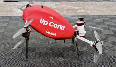 Manna delivery drone in the red colour of Cork with the message Up Cork! printed on the side. Picture: Larry Cummins
