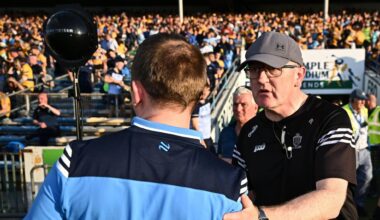 FRUSTRATED: Clare manager Brian Lohan with his Dublin counterpart Niall Ó Ceallacháin after their All-Ireland SHC quarter final in in Thurles. Pic: David Fitzgerald/Sportsfile