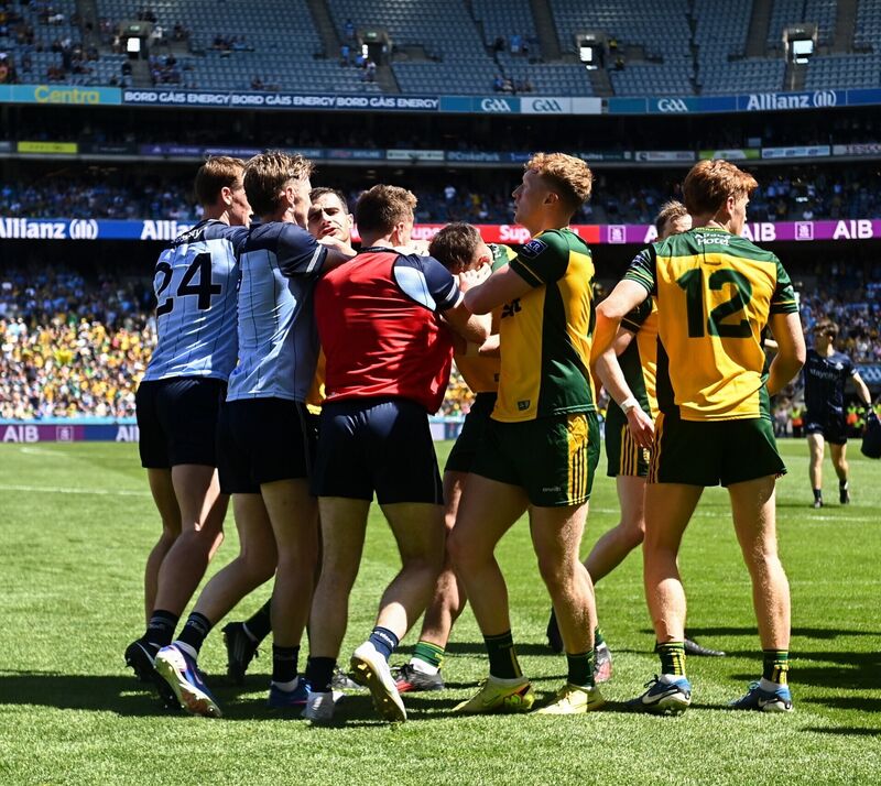 Four players were black carded following a row at full-time of Donegal and Dublin's All-Ireland SFC Round 3 game. Pic: Daire Brennan/Sportsfile