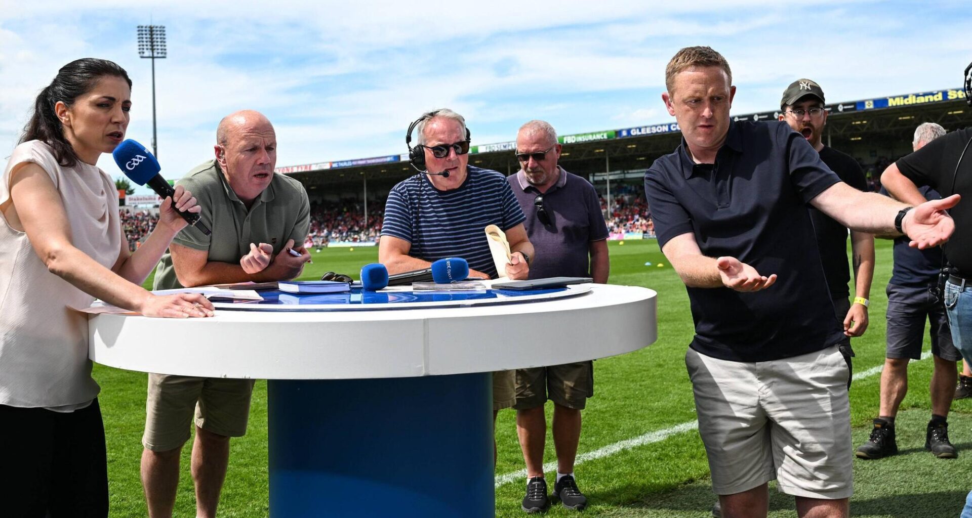 SWITCHING FOCUS: In Thurles, the attention on the All-Ireland SFC clash went on longer than scheduled, keeping RTE presenter Joanne Cantwell, Peter Canavan, floor manager Michael Broughton and Colm Cooper engaged and animated while coverage of Cork and Offaly at Semple Stadium was delayed. Pic: Paul Phelan/Sportsfile