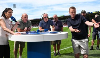 SWITCHING FOCUS: In Thurles, the attention on the All-Ireland SFC clash went on longer than scheduled, keeping RTE presenter Joanne Cantwell, Peter Canavan, floor manager Michael Broughton and Colm Cooper engaged and animated while coverage of Cork and Offaly at Semple Stadium was delayed. Pic: Paul Phelan/Sportsfile