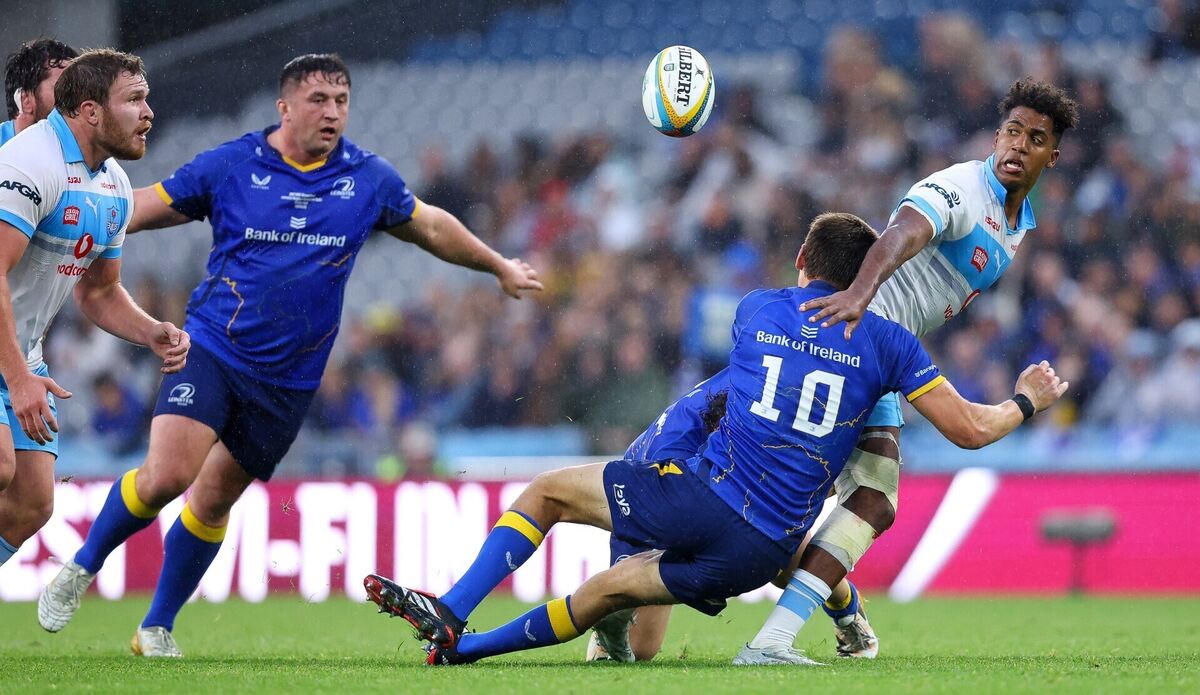 Bulls’ Canan Moodie is tackled by Sam Prendergast of Leinster during the URC final. Pic: ©INPHO/Ben Brady