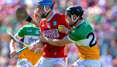 Cork's Diarmuid Healy with Eoin Burke of Offaly. Picture: INPHO/Tom O'Hanlon