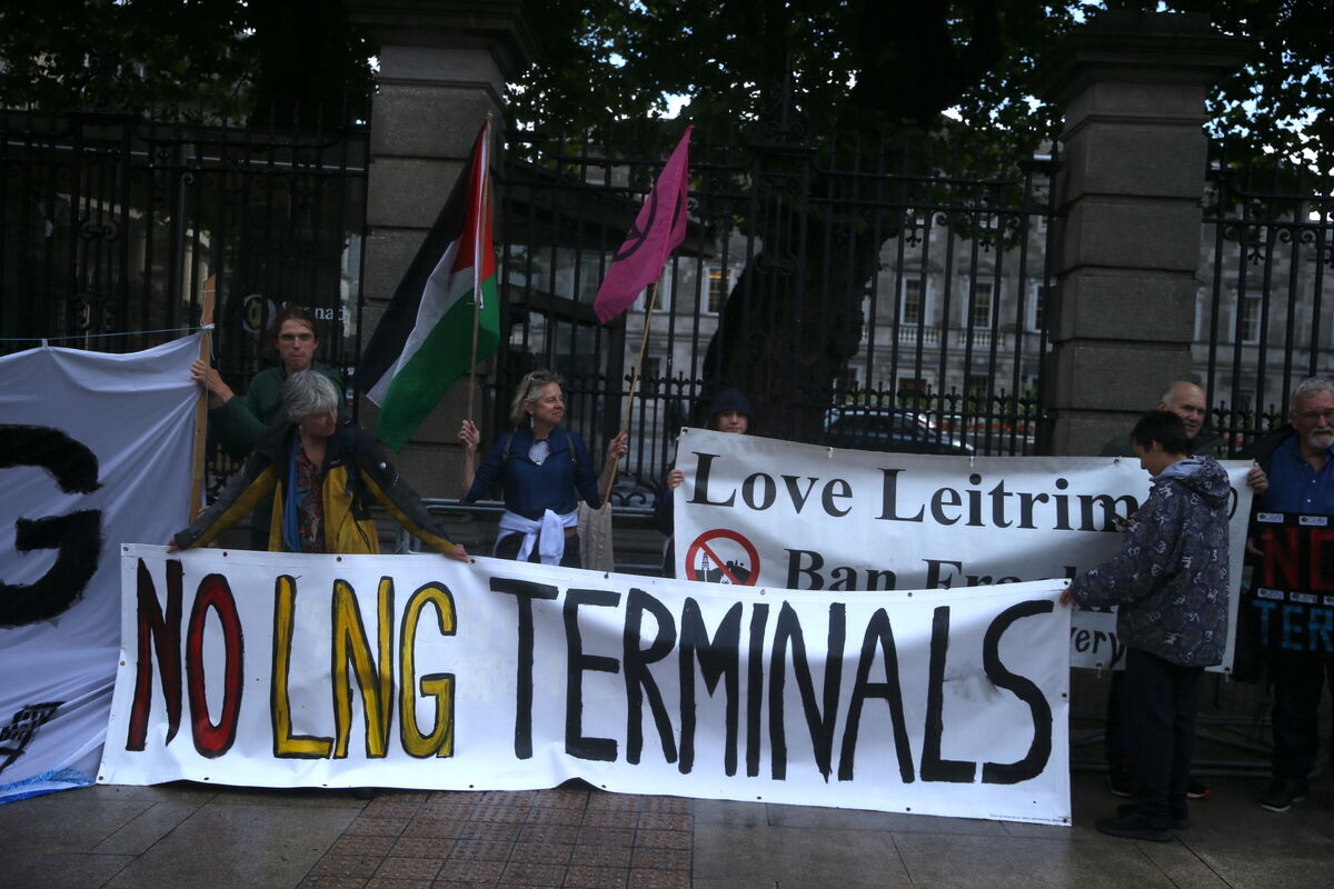Climate activists from the Stop Shannon LNG Coalition protesting in May 2025 over government plans to establish liquefied natural gas (LNG) infrastructure in Ireland. File picture: Stephen Collins/Collins