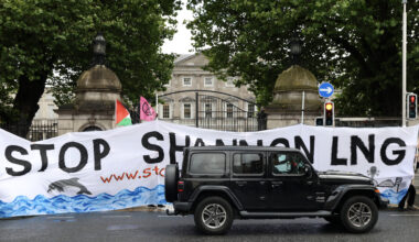 Climate activists from the Stop Shannon LNG Coalition protesting outside Leinster House in July 2025 over government plans to establish liquefied natural gas (LNG) infrastructure in Ireland. File picture: Sasko Lazarov/RollingNews.ie