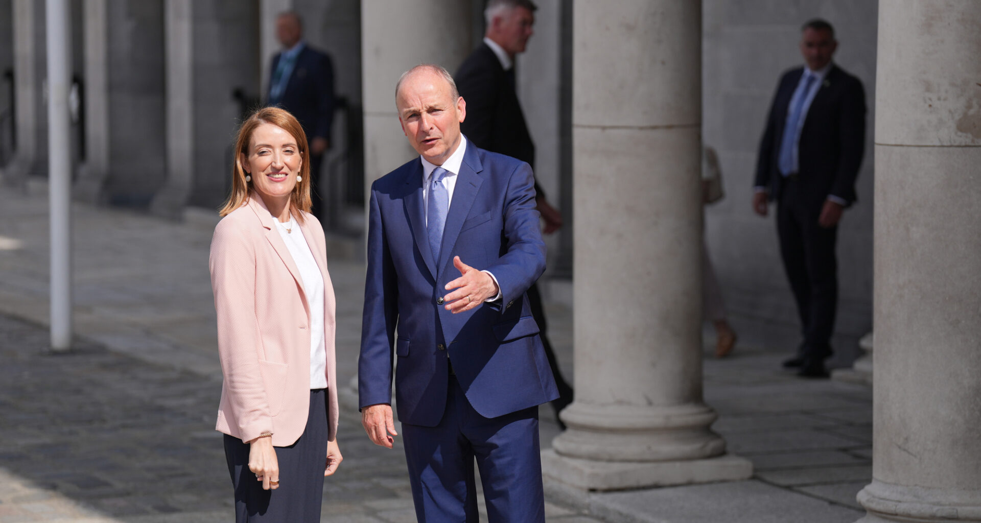 Taoiseach Micheal Martin greets President of the European Parliament Roberta Metsola as they arrive at Dublin Castle for a meeting on Tuesday. Picture: Niall Carson/PA