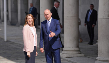 Taoiseach Micheal Martin greets President of the European Parliament Roberta Metsola as they arrive at Dublin Castle for a meeting on Tuesday. Picture: Niall Carson/PA