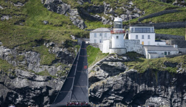 Class 0 entry starting the 704 nautical mile Round Ireland Race is Khumbu skippered by Guy Gillon passes Wicklow Head lighthouse. Photograph: David Branigan/Oceansport Repro free for editorial use with credit byline