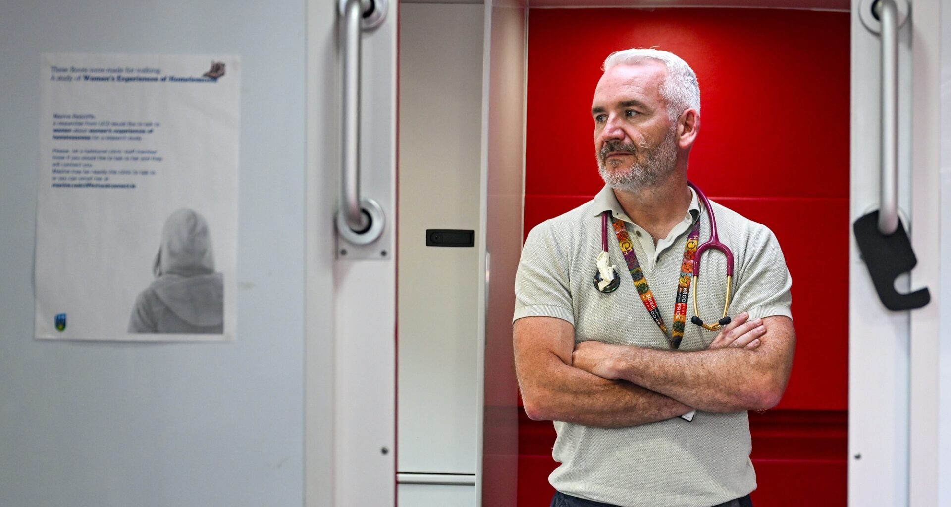 Dr Enda Barron, GP and clinical lead with the Safetynet Homeless Primary Care team, inside the organisation’s mobile medical clinic outside The Lighthouse Café in Dublin. Pictures: Chani Anderson