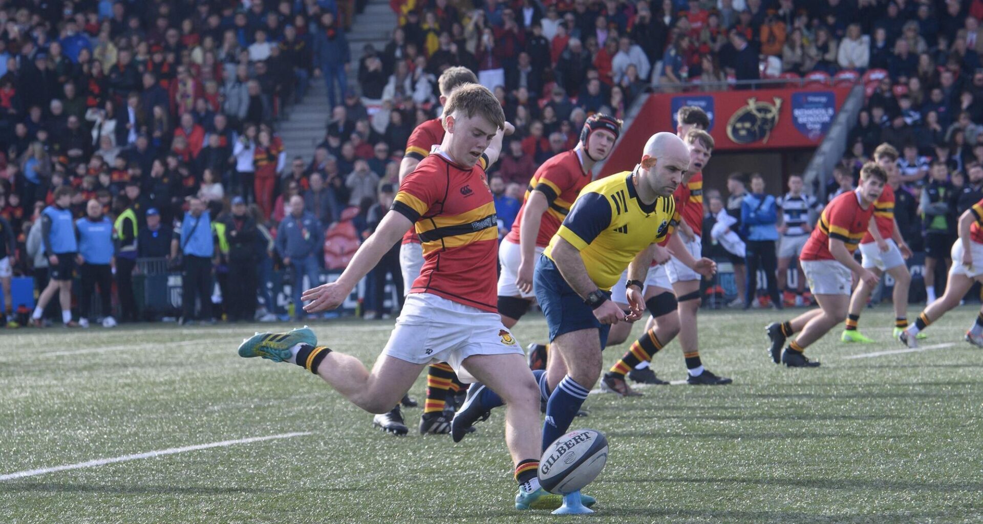 Charlie O'Shea kicks a penalty during the Pinergy Boys Schools U19 Munster Senior Cup final. Pic: Dan Linehan
