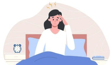 Concept of sleeplessness. Young girl sits on couch at night and holds her head, health problems. Psychological difficulties and depression, insomnia, stress and panic. Cartoon flat vector illustration feelgood