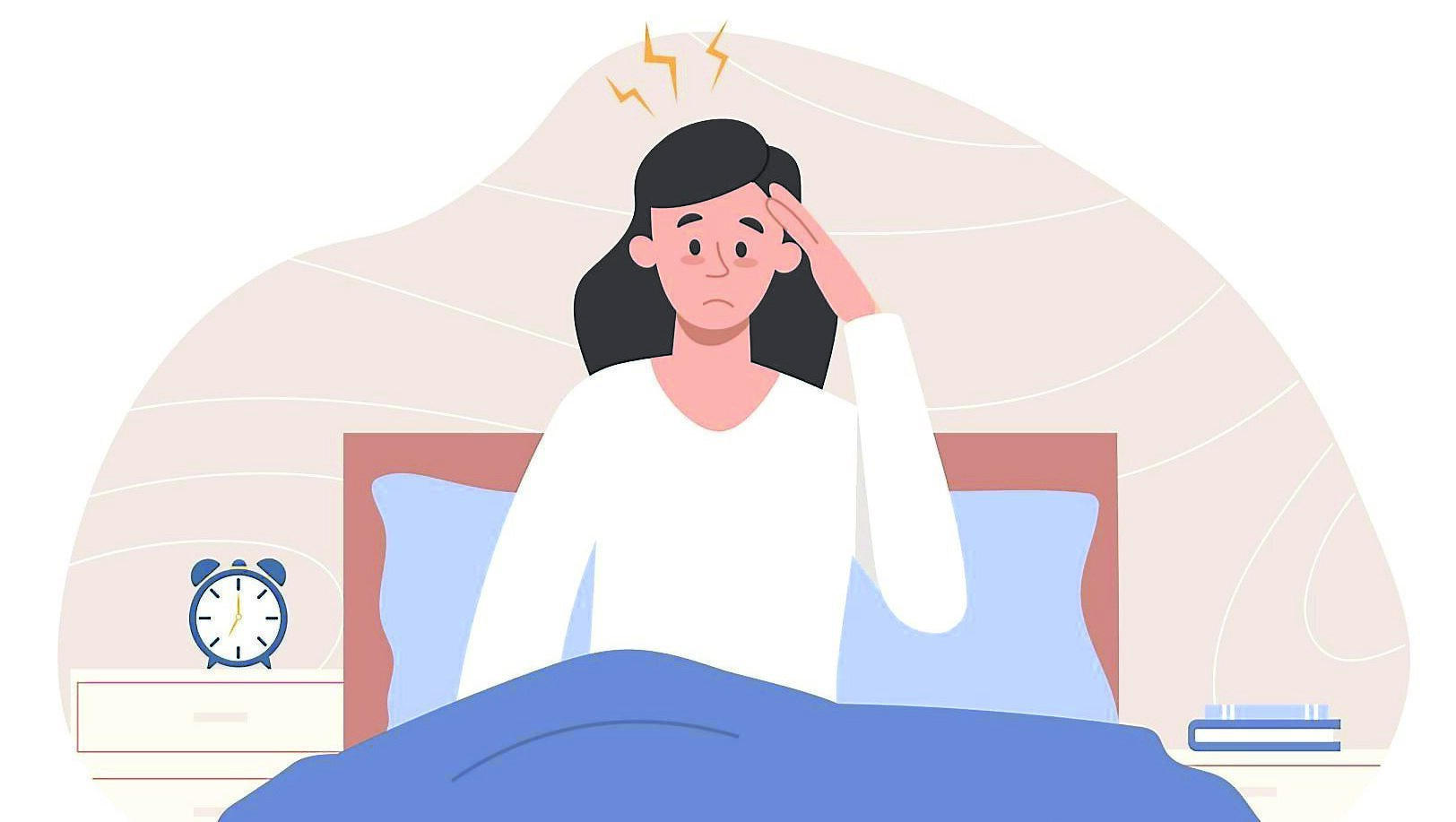 Concept of sleeplessness. Young girl sits on couch at night and holds her head, health problems. Psychological difficulties and depression, insomnia, stress and panic. Cartoon flat vector illustration feelgood