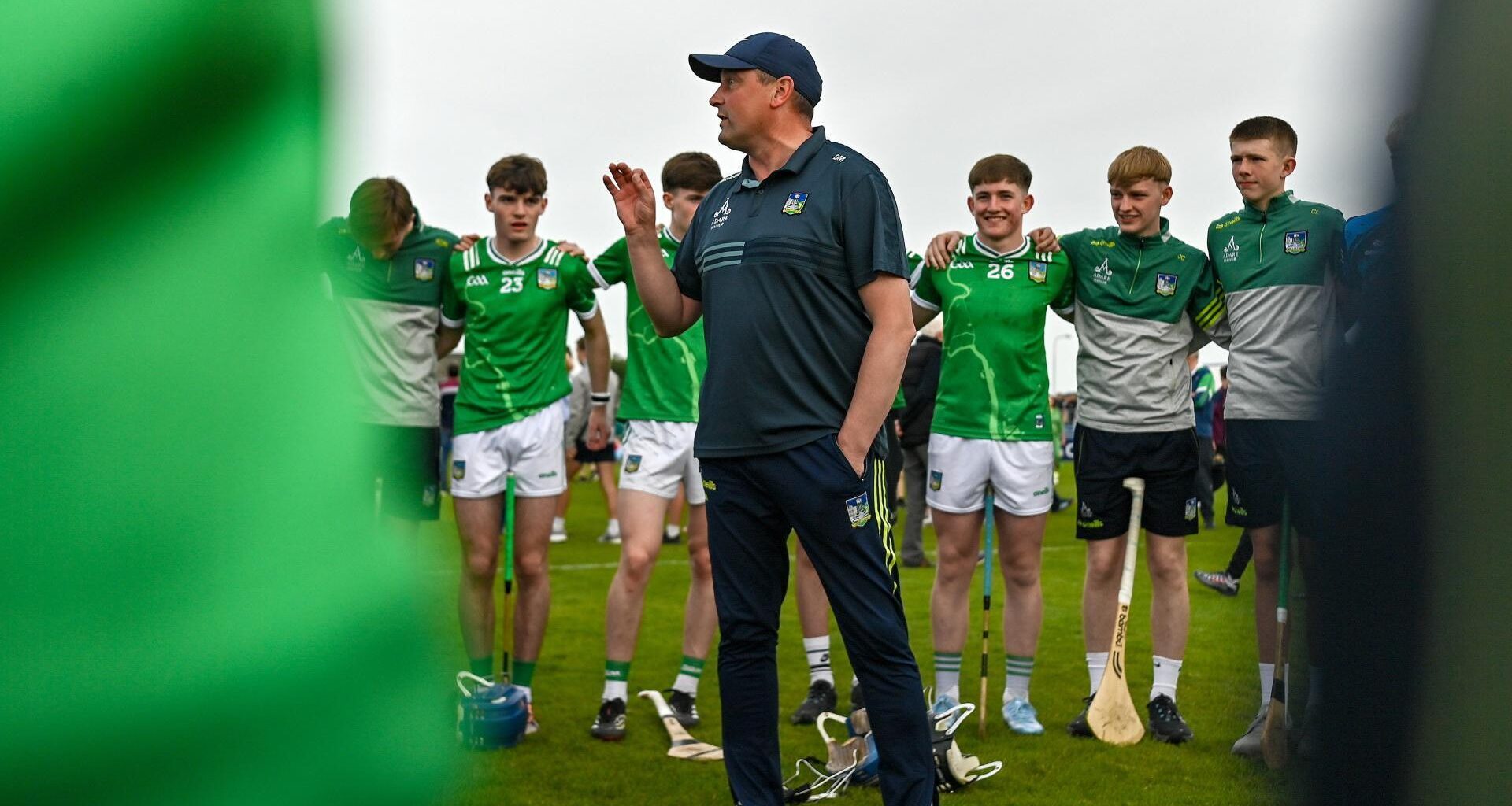 Limerick manager Diarmuid Mullins speaks to his players. Pic: Tom Beary/Sportsfile