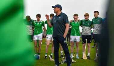Limerick manager Diarmuid Mullins speaks to his players. Pic: Tom Beary/Sportsfile