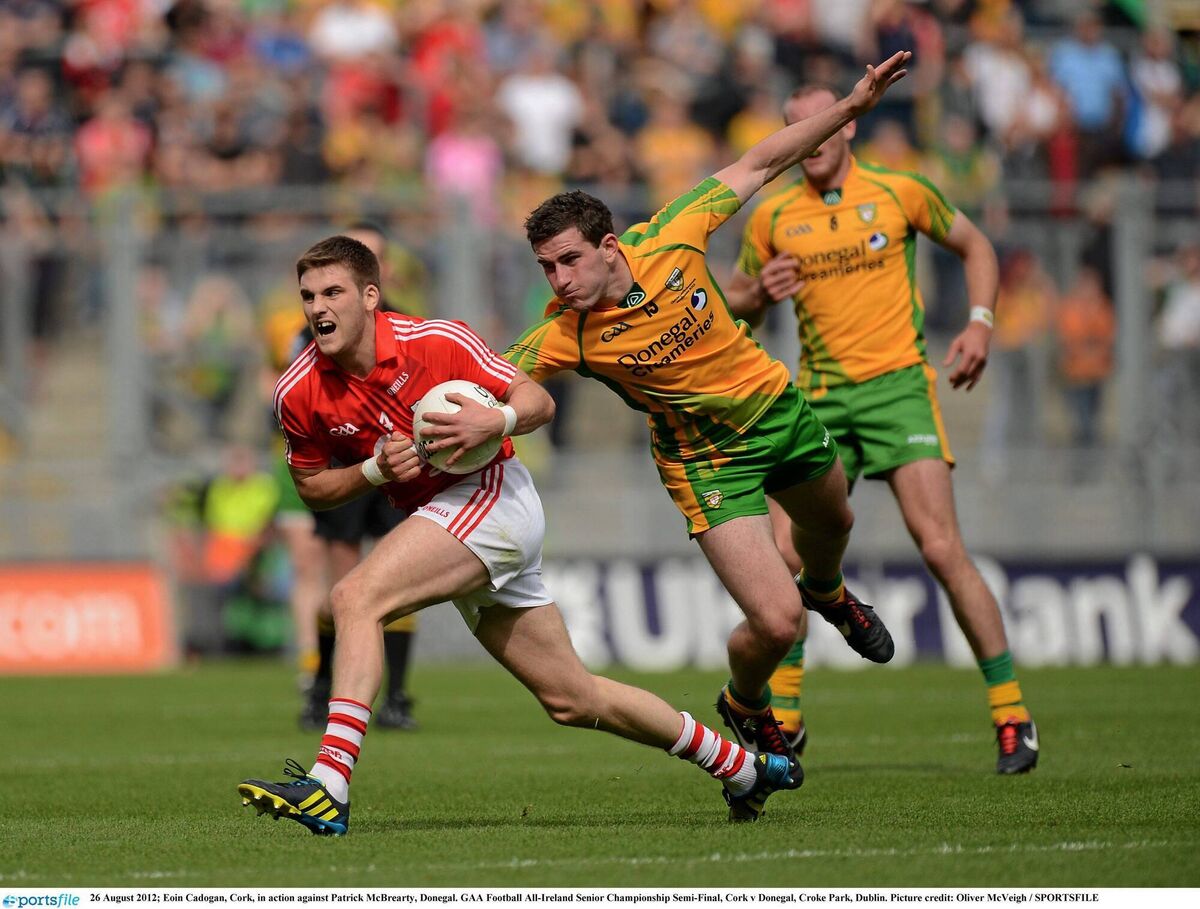 Cork's Eoin Cadogan in action against Patrick McBrearty of Donegal in the All-Ireland semi-final in 2012. Picture: OliverMcVeigh/Sportsfile