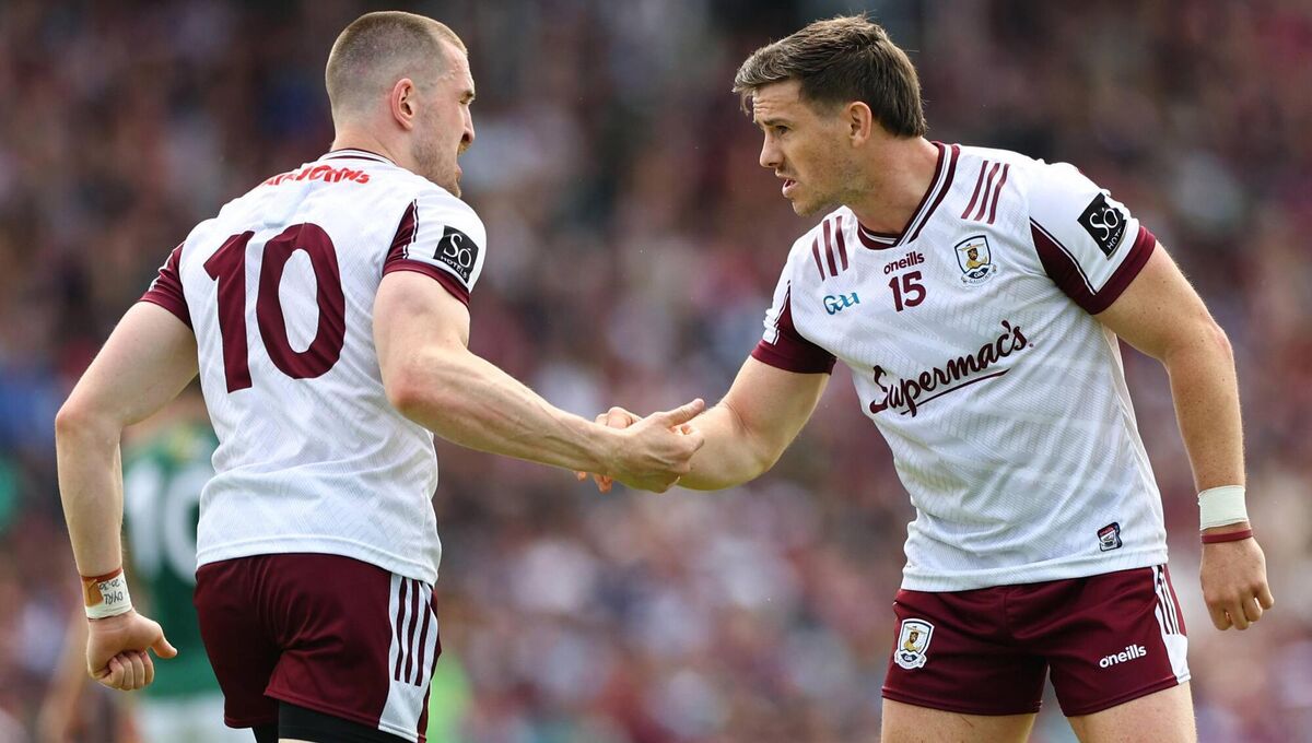 Galway’s Céin Darcy celebrates a point with Shane Walsh during the win over Westmeath. Pic: ©INPHO/James Crombie