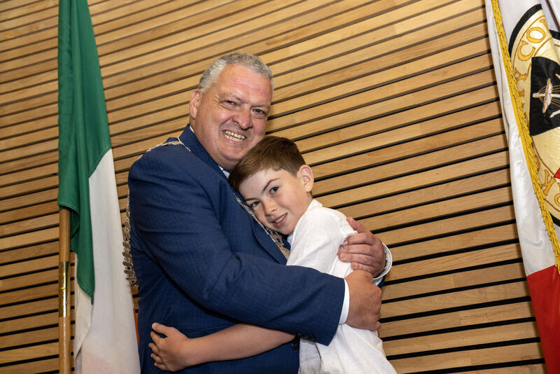 Mr Moynihan gets a big hug from his son Fiachra after his election as The Mayor of the County of Cork. Picture: Brian Lougheed.