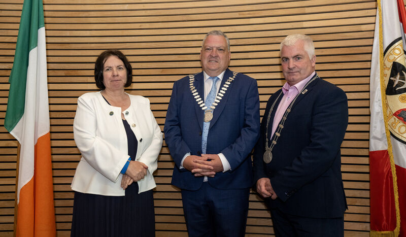 The newly elected Mayor of the County of Cork, councillor Bernard Moynihan who  Cork County Council Chief Executive Moira Murrell and newly-elected Deputy Mayor of the County of Cork, councillor Finbarr Harrington. Picture: Brian Lougheed.