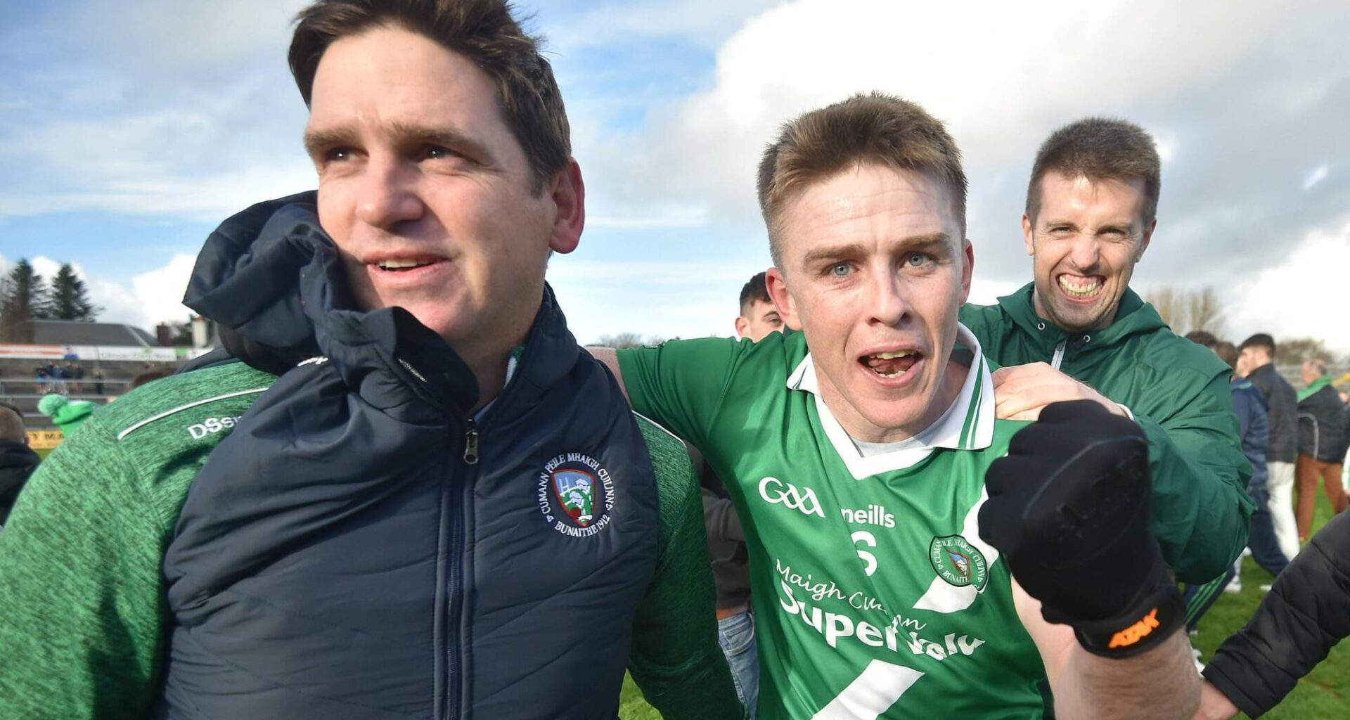 David Wynne of Moycullen celebrates with Paul Clancy after the 2022 Galway County Senior Club Football Championship Final match between Salthill Knocknacarra and Moycullen at Pearse Stadium in Galway. Photo by Ray Ryan/Sportsfile