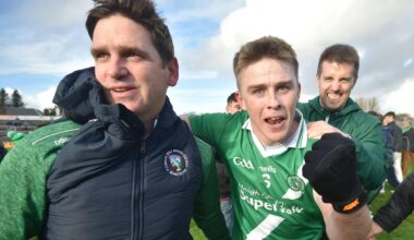 David Wynne of Moycullen celebrates with Paul Clancy after the 2022 Galway County Senior Club Football Championship Final match between Salthill Knocknacarra and Moycullen at Pearse Stadium in Galway. Photo by Ray Ryan/Sportsfile