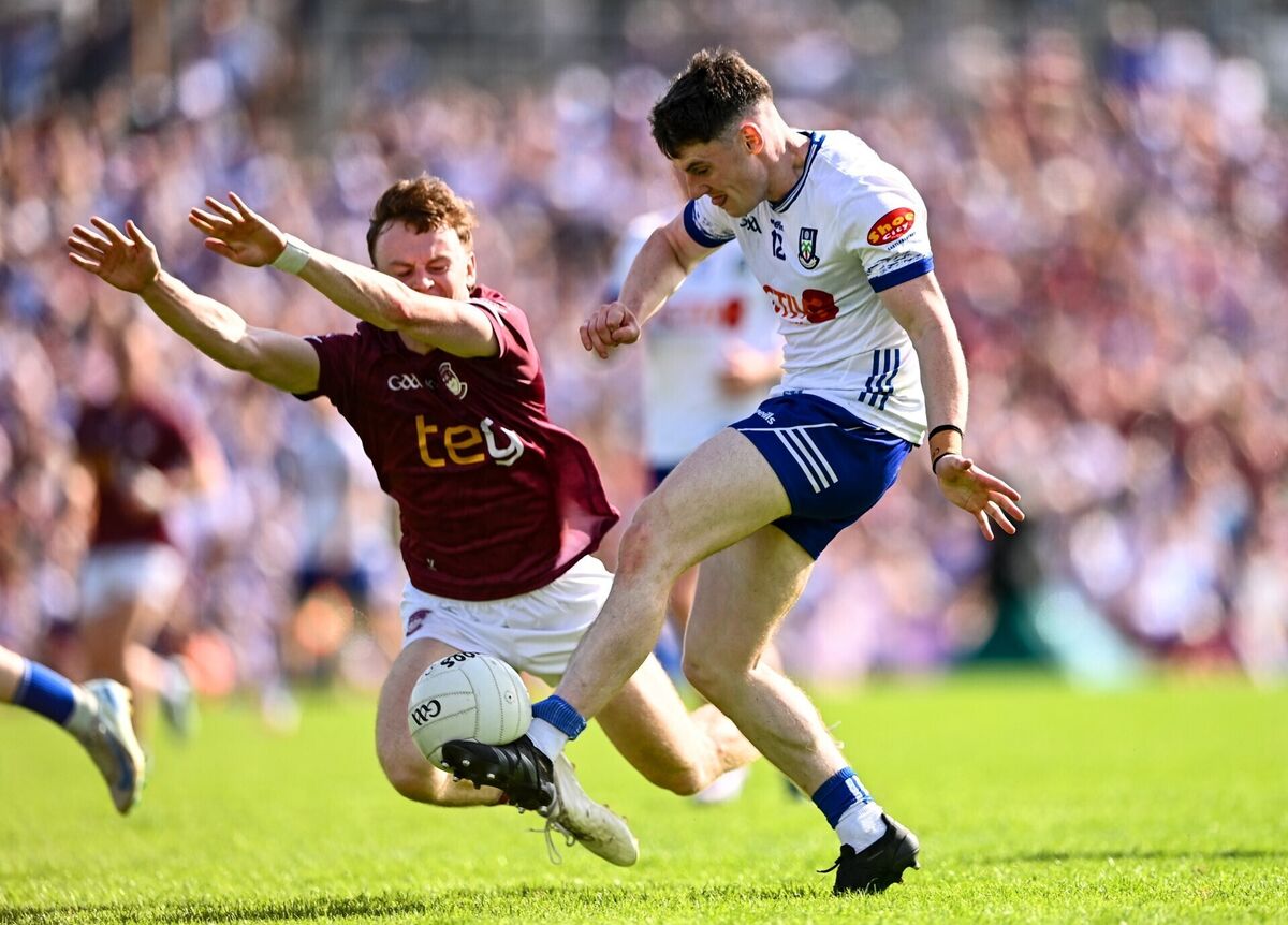 Stephen O'Hanlon of Monaghan in action against Adam Treanor of Westmeath during their All-Ireland SFC Round 3 game. Pic: Ben McShane/Sportsfile