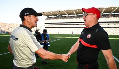 SEE YA SATURDAY: Kerry manager Jack O'Connor with his Tyrone counterpart Malachy O'Rourke after last year's All-Ireland SFC semi-final at Croke Park in Dublin. Pic: Seb Daly/Sportsfile