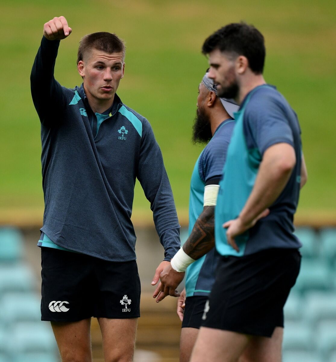Sam Prendergast, left, and Harry Byrne during an Ireland rugby squad training session in Sydney. Pic: Brendan Moran/Sportsfile